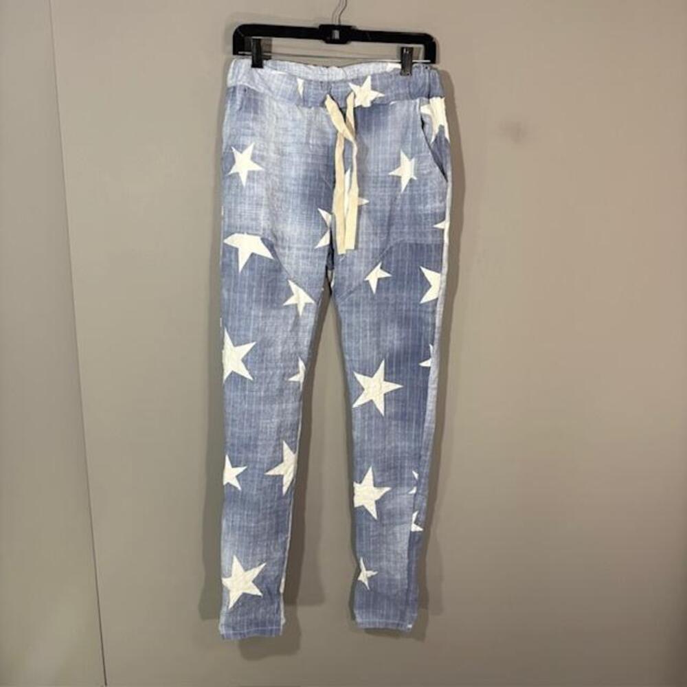 Venti 6 Pants Womens M Blue Star Print Knit Jogger Elastic Waist Italy Stretch